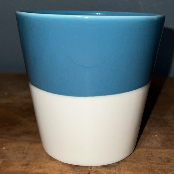 STARBUCKS 2011 Tazo Tea turquoise blue & bone white mug slant top 3 3/4” tall - Picture 8 of 10